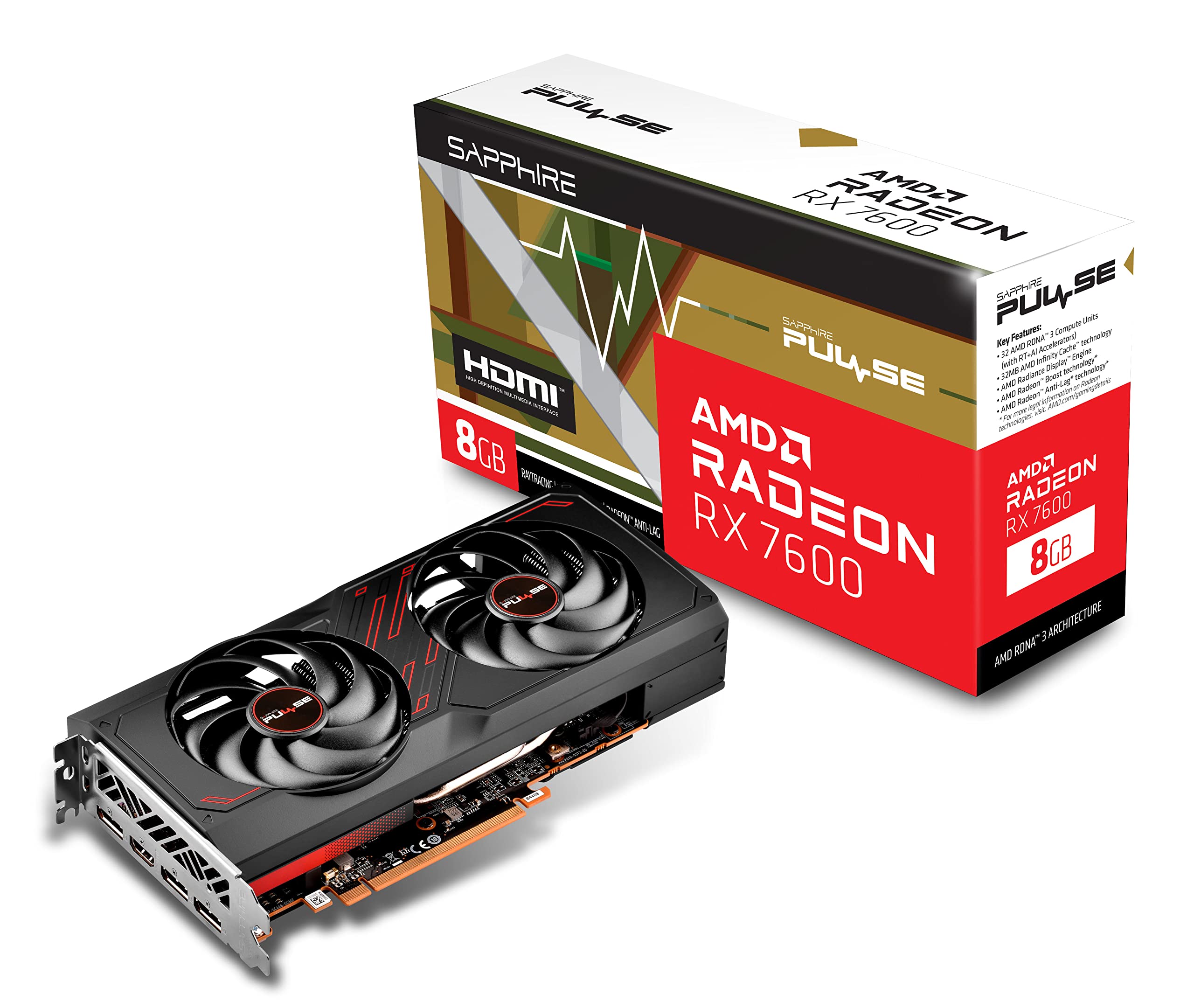 TARJETA DE VIDEO SAPPHIRE (11324-01-20G) PULSE RADEON RX 7600 GAMING OC, 8GB GDDR6,2755MHZ,3*DP,HDMI