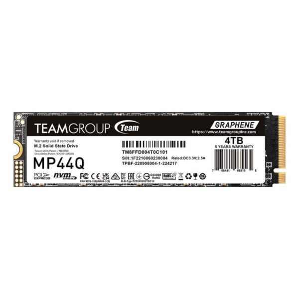 UNIDAD SSD M.2 TEAMGROUP 4TB TM8FFD004T0C101) TEAM MP44Q, PCI GEN3X4, 2280, 7.400 MB/S,6,200MB/S