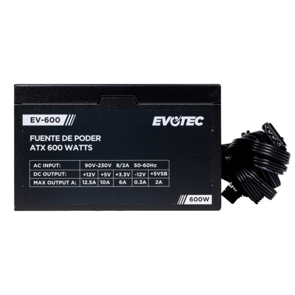 FUENTE DE PODER EVOTEC (EV-600) 600W,24 PINES,2 SATA, FLOPPY, MOLEX, PAQUETE INDIVIDUAL - Imagen 2