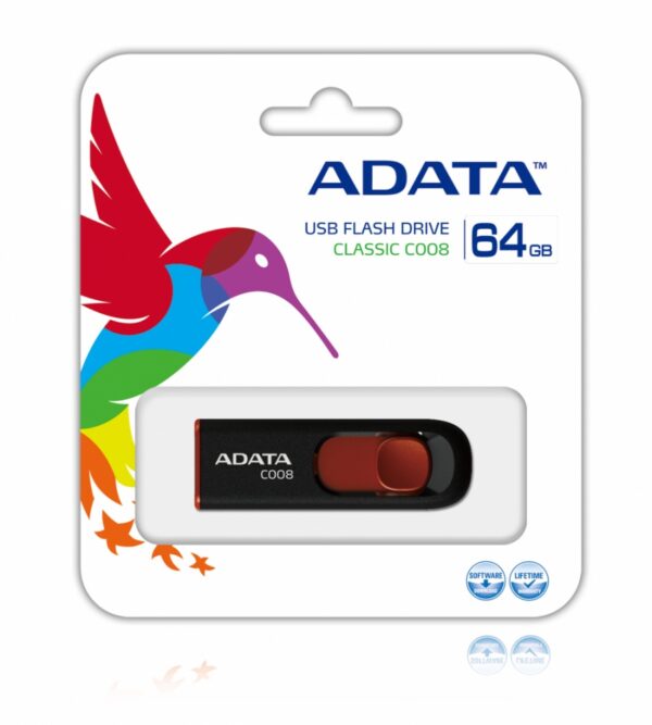 MEMORIA USB ADATA 64GB 2.0 RETRACTIL C008 NEGRO Y ROJO AC008 64G RKD - Imagen 2