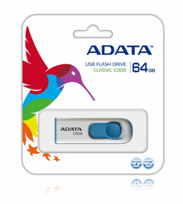 MEMORIA USB ADATA 64GB 2.0 RETRACTIL C008 BLANCO Y AZUL AC008 64G RWE - Imagen 2