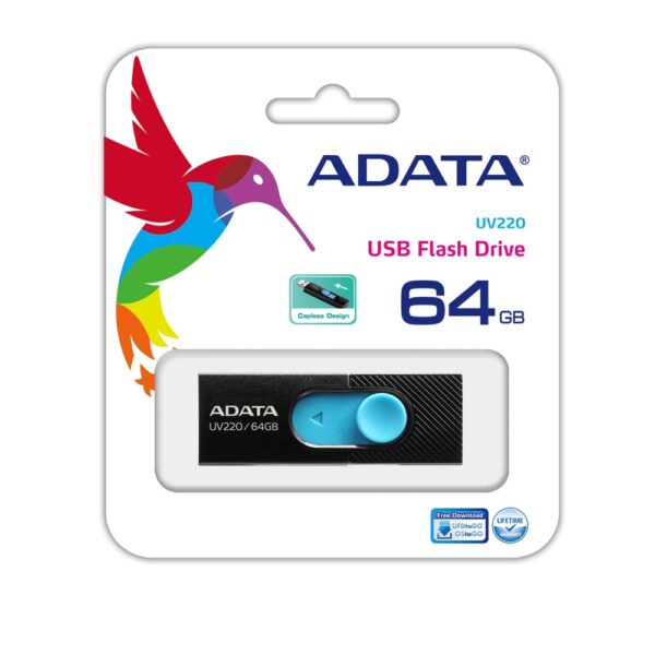 MEMORIA USB ADATA 64GB 2.0 RETRACTIL UV220 NEGRO AZUL AUV22 AUV220 64G RBKBL - Imagen 2