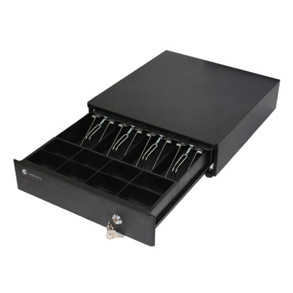 CAJON DE DINERO STYLOS (HTPOSCD1B) HOSTECH HT-300, 4*BILLETES, 8*MONEDAS, CABLE RJ11, ACERO, NEGRO - Imagen 2
