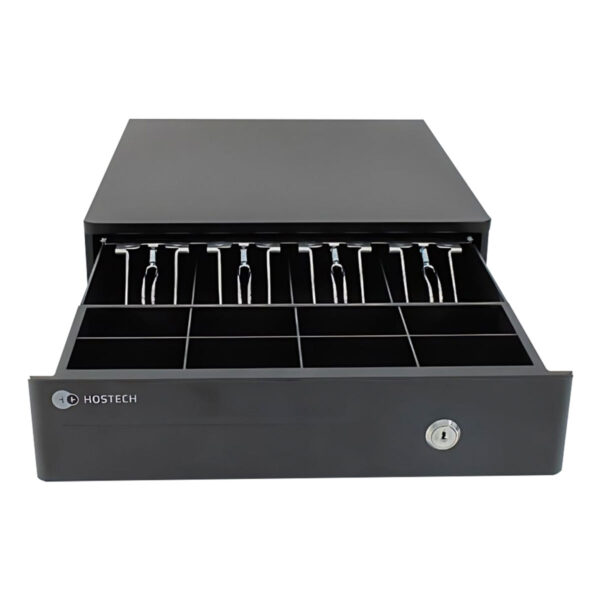 CAJON DE DINERO STYLOS (HTPOSCD1B) HOSTECH HT-300, 4*BILLETES, 8*MONEDAS, CABLE RJ11, ACERO, NEGRO