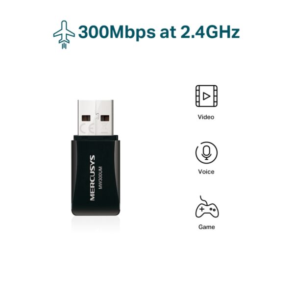 ADAPTADOR DE RED INALAMBRICO MERCUSYS (MW300UM) N300, MINI USB, 300MBPS, 2.4GHZ, COMPARTE WIFI - Imagen 2