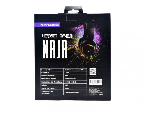 AUDIFONOS NACEB (NA-0315) GAMER NAJA,DIADEMA CON MICROFONO,RGB,USB,7.1,NEGRO,RETROILUMINADO - Imagen 2