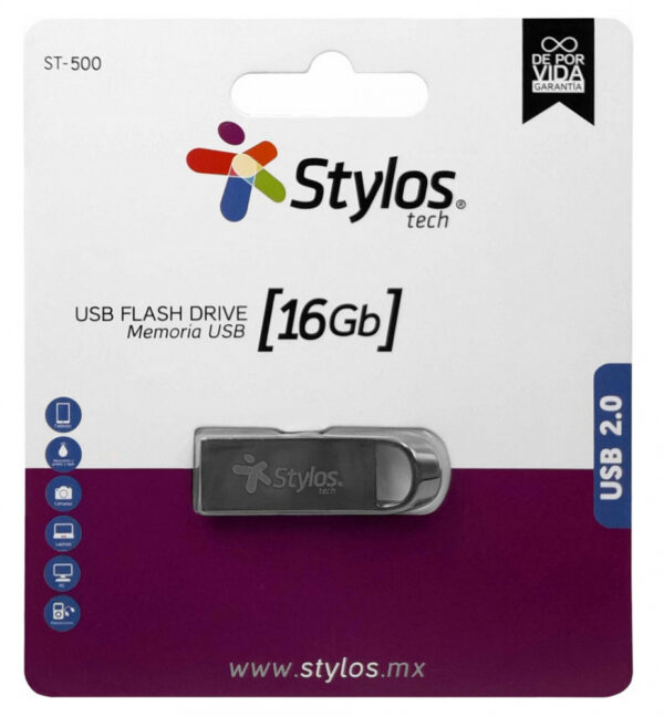 MEMORIA USB STYLOS (STMUS516B) 16GB, ST500, USB 2.0, METAL PLATA - Imagen 2