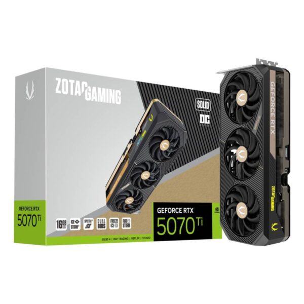 TARJETA DE VIDEO ZOTAC (ZT-B50710J-10P) RTX 5070TI SOLID OC 16GB GDDR7,2482 MHZ,PCIE 5,3*DP,3*FAN