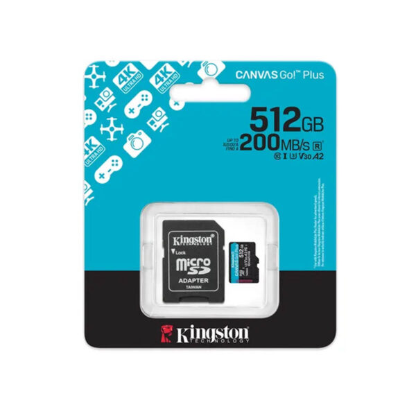 MEMORIA MICROSD SDXC KINGSTON 512GB (SDCG4/512GB) CANVAS GO PLUS GEN4, UHS-I, 3U, V3, A2 CLASE10, C/ADAPTADOR - Imagen 3