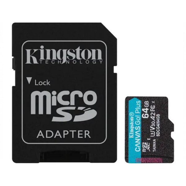 MEMORIA MICROSD SDXC KINGSTON 64GB (SDCG4/64GB) CANVAS GO PLUS GEN4, UHS-I, 3U, V3, A2 CLASE10, C/ADAPTADOR