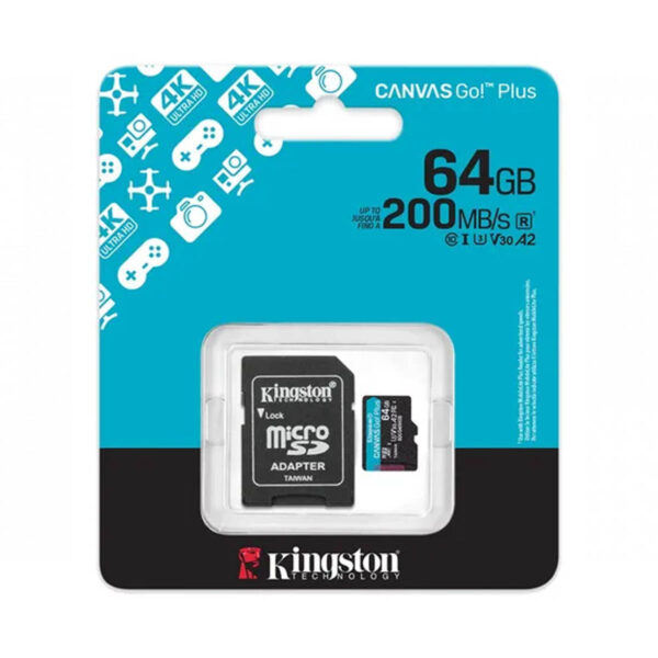 MEMORIA MICROSD SDXC KINGSTON 64GB (SDCG4/64GB) CANVAS GO PLUS GEN4, UHS-I, 3U, V3, A2 CLASE10, C/ADAPTADOR - Imagen 3