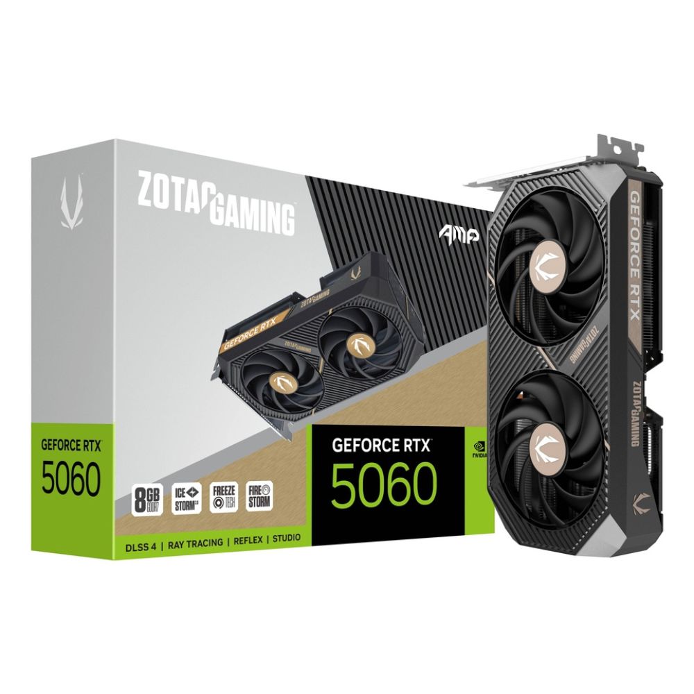 TARJETA DE VIDEO ZOTAC (ZT-B50600F-10M) RTX 5060 AMP 8GB GDDR7,2550 MHZ,PCIE 5,HDMI,3*DP,2*FAN