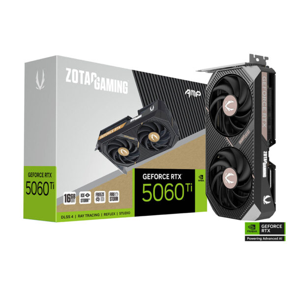 TARJETA DE VIDEO ZOTAC (ZT-B50620F-10M) RTX 5060TI AMP 16GB GDDR7,2632 MHZ,PCIE 5,HDMI,3*DP,2*FAN