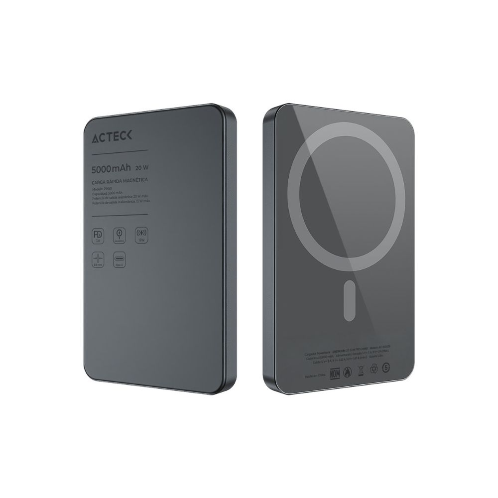 POWERBANK ACTECK(AC-945639)ENERGON GO SLIM PRO PM50 5 000MAH CARGA INALAMBRICA MAGENTICA 20W QI2 NEGRO