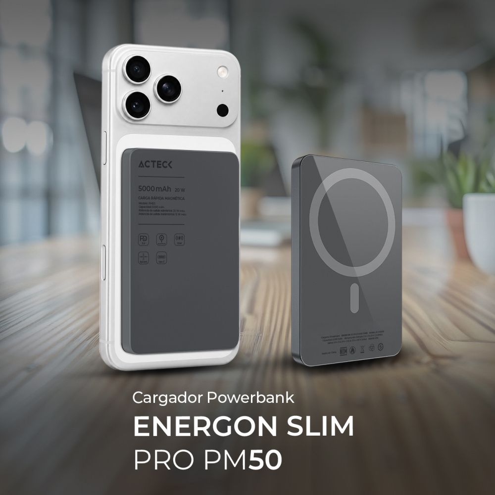 POWERBANK ACTECK(AC-945639)ENERGON GO SLIM PRO PM50 5 000MAH CARGA INALAMBRICA MAGENTICA 20W QI2 NEGRO - Imagen 2