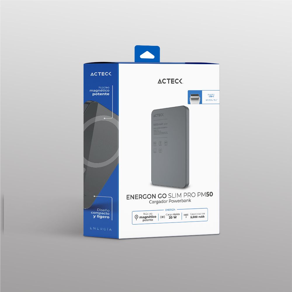 POWERBANK ACTECK(AC-945639)ENERGON GO SLIM PRO PM50 5 000MAH CARGA INALAMBRICA MAGENTICA 20W QI2 NEGRO - Imagen 3