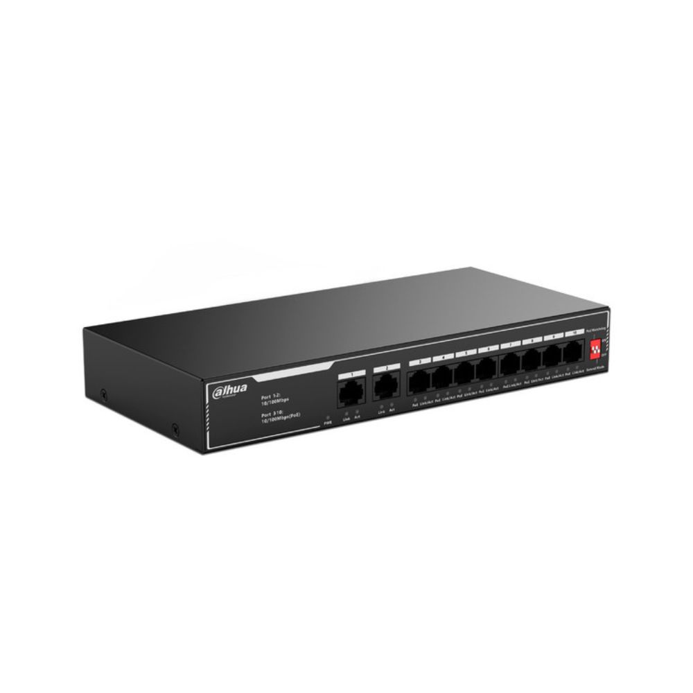 Switch PoE Dahua SF1010LP 10 Puertos Fast Ethernet 8 PoE 65W PoE Watchdog Hasta 250 Metros