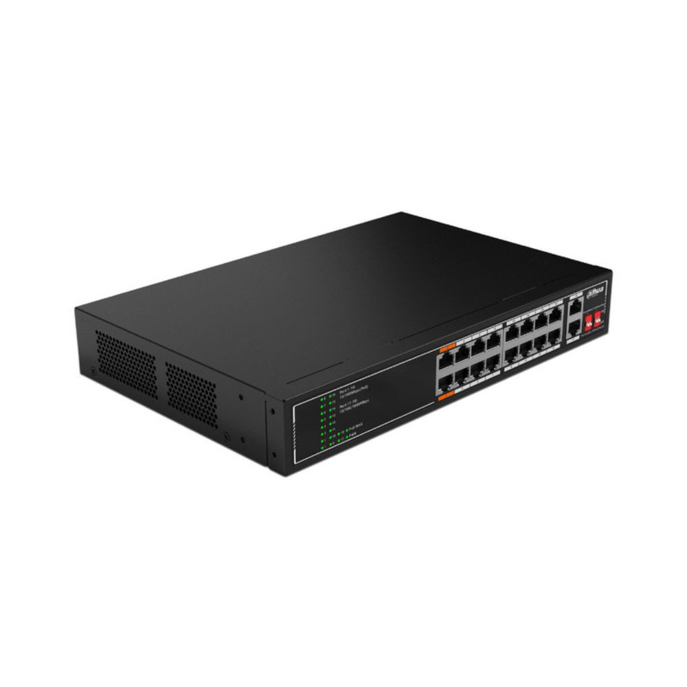 Switch PoE Dahua SF1018LP 18 Puertos 16 PoE 135W 2 Uplink Gigabit Hi-PoE Hasta 250 Metros