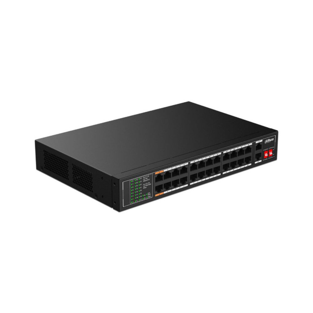 Switch PoE Dahua DH-SF1026LP Fast Ethernet 26 Puertos 24 PoE 190W 2 Uplink Gigabit Hasta 250 Metros
